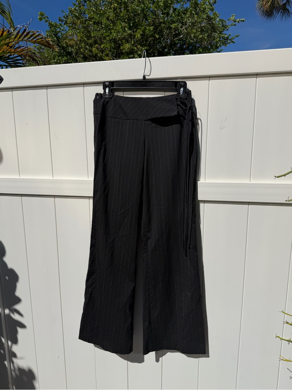 y2k Trina Turk Black and Pink Pinstripe Wide-Leg low waist Pants with tie detail